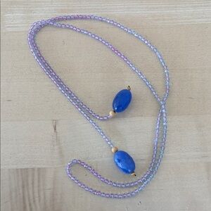 Blue and Pink Glass Beaded Necklace With Gold Accents